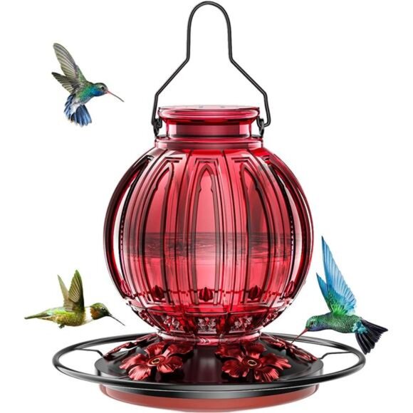Glass Hummingbird Feeder for Outdoors Hanging,26Oz Bird Nectar Feeder with Perch - Picture 1 of 7